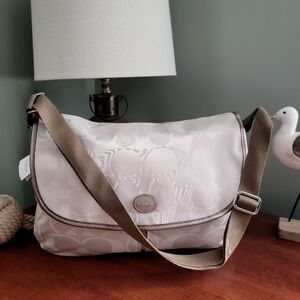 Coach F77490 Signature Nylon Tan Metallic Bronze Leather Messenger Bag Y2K